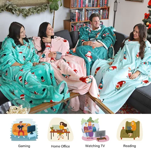 Vista 6 de Catalonia Manta con mangas para mujeres y hombres, manta de forro polar Elfo de Navidad Verde