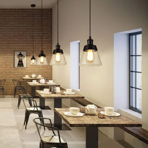 Vista 3 de Lámpara colgante de vidrio industrial con pantalla de vidrio transparente soplado a mano, una sola luz ajustable, rústico, mini accesorio