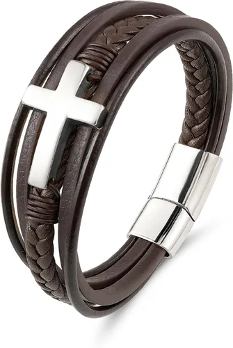 Vista 17 de Pulsera cruzada de cuero Mrcaois para hombre, trenzada de múltiples capas con cierre de acero inoxidable - Regalos cristianos religiosos para él