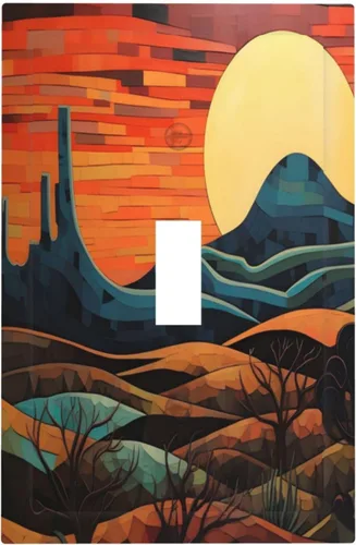 Vista 125 de Placa decorativa para interruptor de luz, diseño bohemio, abstracción, montaña y sol, 2 bandas, 1 palanca, 1 placa de pared dúplex, cubiertas