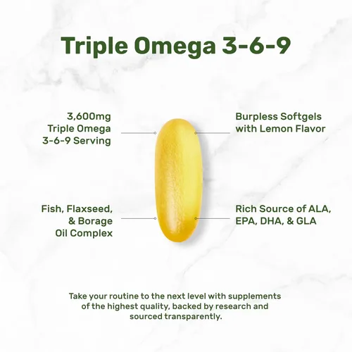 Vista 3 de Suplementos de aceite de pescado Triple Omega 3-6-9 3,600 mg – 240 cápsulas blandas con aceite de linaza y complejo de aceites de borraja – Alto