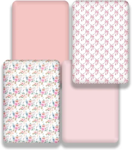 Vista 5 de Paquete de 4 sábanas ajustables para cuna, color rosa, funda de colchón portátil o sábanas para cama infantil (lazo)