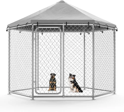 Vista 13 de Perrera para perros al aire libre de 7.8 x 7.8 pies con puerta de metal, bolígrafos para perros con techo, perrera resistente para uso en granja