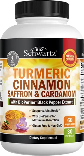 Vista 9 de Suplemento de cúrcuma con azafrán, canela y cardamomo más extracto de pimienta negra BioPerine para una absorción óptima, suplemento natural
