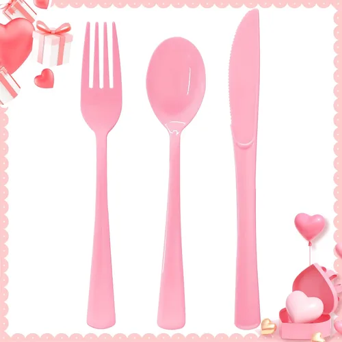 Vista 21 de 150 piezas de cubiertos de plástico rosa intenso y utensilios de plástico rosa intenso resistentes - 50 tenedores, 50 cuchillos, 50 cucharas