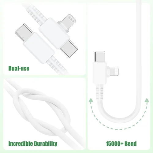 Vista 5 de BETHEONE Cargador de 40 W para iPhone 17/16/15/14/13/12/11 de carga rápida, enchufe de doble puerto 2 en 1 con cable Lightning tipo C de 6/10 pies