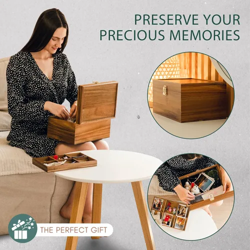 Vista 3 de Public House Caja de madera con bloqueo, diseño personalizable con bandeja ajustable. Caja de madera grande con tapa con bisagras para recuerdos