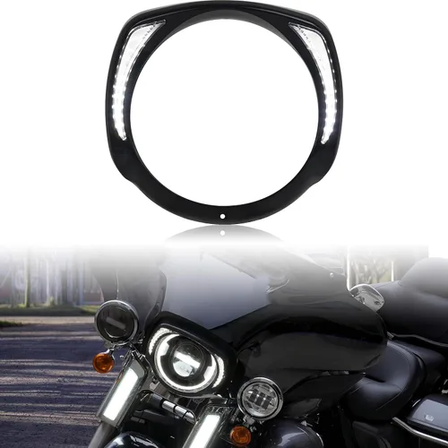 Anillo de bisel de faros delanteros con LED DRL para Harley Touring, clip de bisel de faros delanteros negro, anillo de ajuste para Harley Street