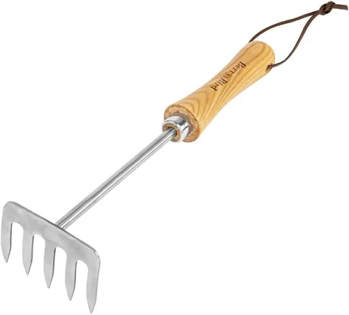 Berry&Bird Rastrillo de mano prémium para jardinería, cultivador de mano de 5 dientes, pequeño rastrillo de jardín con mango de madera, herramientas
