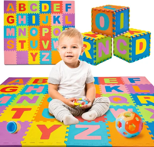 TOYVELT Tapete de Rompecabezas de Espuma para Niños 12x12-30 Baldosas de Tapete de Juego Entrelazadas con Colores, Alfabeto, ABC - Baldosas