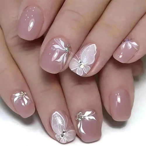 24 uñas postizas cortas a presión, color rosa RTKHFZE con diseño de mariposa blanca y diamantes de imitación, uñas postizas cuadradas de cobertura