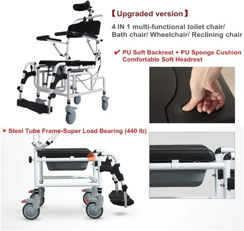 Vista 6 de Nurth - Silla reclinable inclinable en el espacio para ducha/inodoro con asiento acolchado, respaldo, reposabrazos. Silla multifunción Care 4 en 1