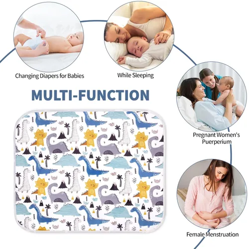 Vista 5 de Cambiador de pañales para bebé, tapete de cambio de dinosaurio, 3 capas, impermeable, plegable, absorbente, para mujeres, almohadillas reutilizables