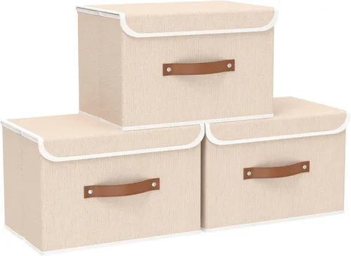 Vista 28 de Yawinhe Cajas de almacenamiento plegables con tapas, contenedores de almacenamiento plegables de tela, canastas con tapa para el hogar, dormitorio