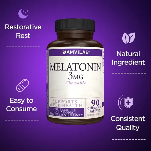 Vista 5 de Tabletas de melatonina de 3 mg de disolución rápida, apoyo natural para dormir, masticables de máxima resistencia, sabor a bayas, 90 unidades, sin