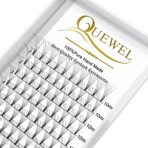 Vista 22 de QUEWEL Extensiones de pestañas listas para colocar, Extensiones de pestañas en abanico prefabricadas 3D de 0.07mm de grosor, rizado C, 10mm