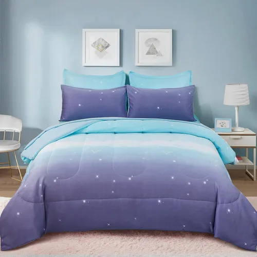 Vista 12 de Dinjoy Juego de edredón para niñas, tamaño individual, colorido, azul, rosa, morado, arcoíris, juego de ropa de cama de 6 piezas en una bolsa