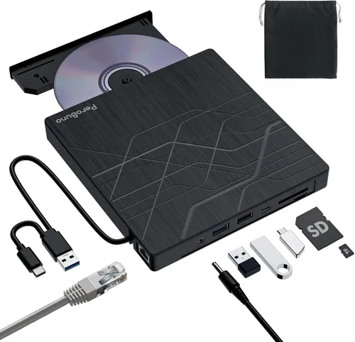 Vista 13 de PeroBuno Unidad externa de CD DVD, unidad óptica USB 3.0 tipo C, lector de discos CD ROM DVD ultradelgado de 0.5 pulgadas, portátil