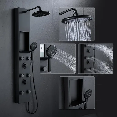 POPFLY Sistema de Panel de Torre de Ducha con Altura de Brazo de Ducha Ajustable, Sistema de Cabezal de Lluvia, Panel de Ducha de Acero Inoxidable