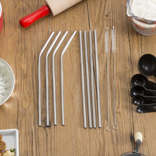 Vista 2 de Home Basics 10 popotes reutilizables de acero inoxidable con 2 cepillos de limpieza, color plateado