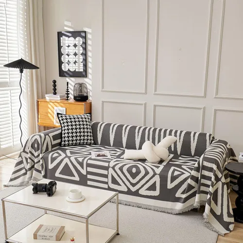 Vista 23 de VClife Funda bohemia de felpilla para sofá, apta para mascotas, gruesa, beige, crema, blanco, a cuadros, triangular, con borlas, agradable a