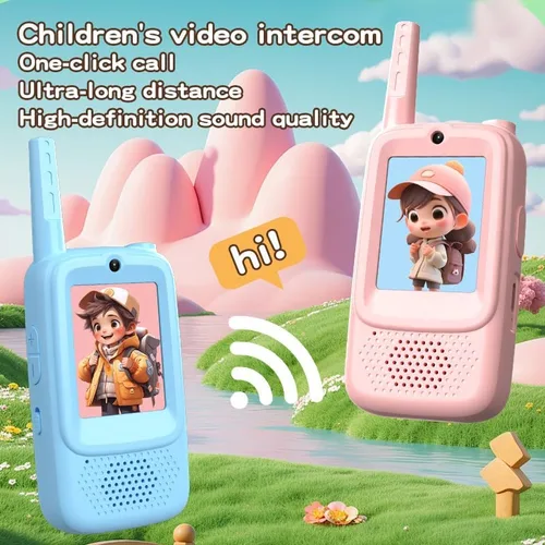 Vista 4 de Walkie Talkies de video de 2 generación para niños, paquete de 2 intercomunicadores recargables de video y voz con función de etiqueta Avatar, señal