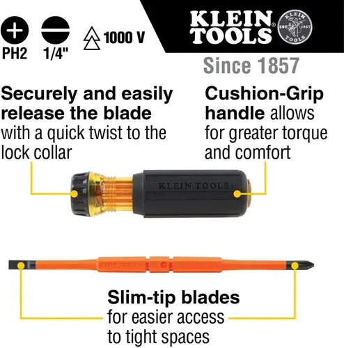 Vista 6 de Klein Tools Destornillador de precisión 32581INS, destornillador aislado 2 en 1 con Phillips No. 0 y puntas ranuradas de 1/8 pulgadas