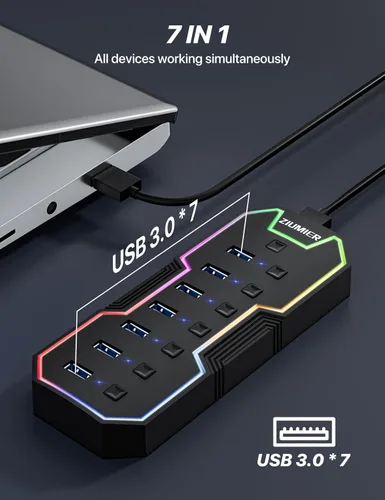 Vista 4 de ZIUMIER Hub USB 3.0, expansor USB de 7 puertos con tira LED RGB, concentrador USB para laptop, interruptores LED individuales de encendido/apagado