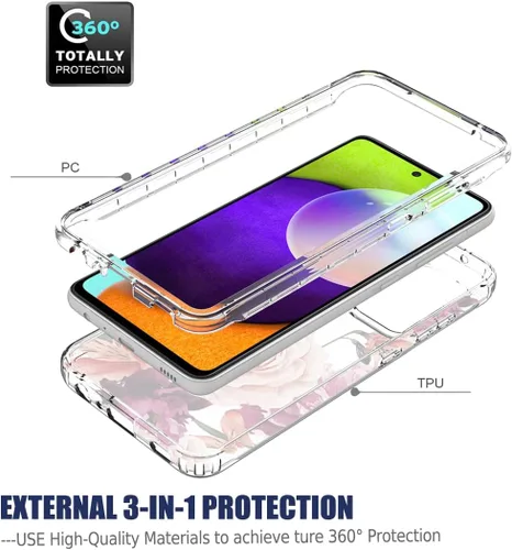 Vista 3 de Funda para Galaxy A52 5G/Galaxy A52S SM-A526 con protector de pantalla de vidrio templado, cuerpo completo, diseño floral, a prueba de golpes, funda