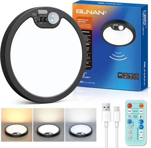 Vista 12 de BLNAN Lámpara de techo recargable con sensor de movimiento con control remoto, luz de armario regulable, luces de ducha LED, luz de techo
