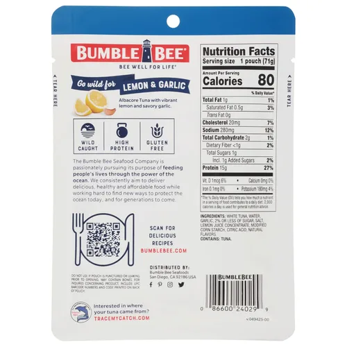 Vista 2 de Bumble Bee Lemon & Garlic Seasoned White Albacore Tuna in Water, 2.5 oz Pouch - Wild Caught Tuna - 15g Protein per Serving, High in Omega-3s