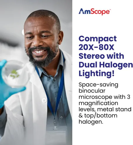 Vista 2 de AmScope Microscopio estéreo binocular delantero SE306R-PZ, oculares WF10x y WF20x, aumento 10X-80X, objetivos 2X y 4X, fuente de luz halógena