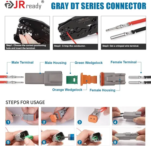 Vista 8 de JRready ST6339 Deutsch DT Conector 2 pines con herramienta de crimpado Deutsch (ACT-LY-16DT), conector DT gris de 2 pines (5 juegos), tamaño 16