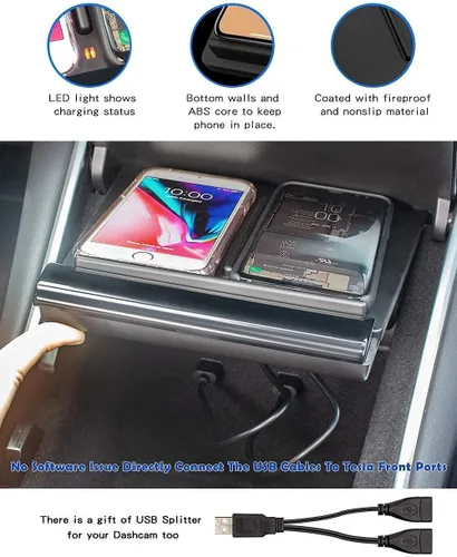 Vista 4 de TAPTES Cargador Inalámbrico para Tesla Model 3 2017 2018 2019 2020, Almohadilla de Carga Dual para Teléfonos para Accesorios de Tesla Model 3