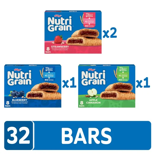 Vista 4 de Nutri-Grain Barras de desayuno horneadas suaves, aperitivos para niños, grano entero, paquete variado (4 cajas, 32 unidades)