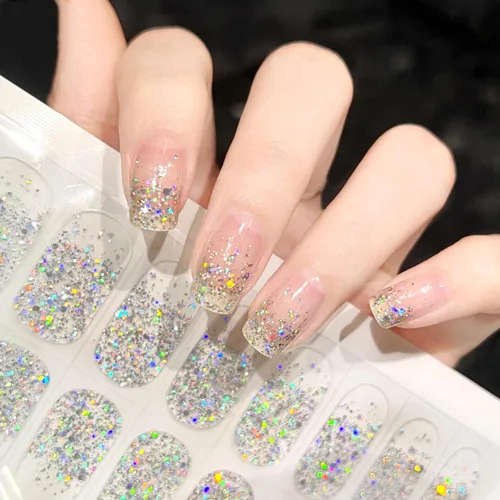 Tiras de uñas de gel semicuradas con purpurina y punta francesa, calcomanías transparentes para arte de uñas, calidad de salón de belleza,