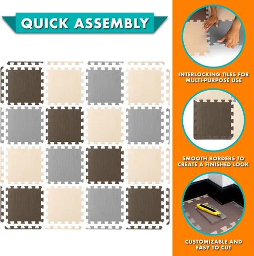 Vista 19 de ProSource Alfombra de espuma para rompecabezas para niños y bebés con colores sólidos, 36 o 16 azulejos encajables con bordes, Negro/Gris/Blanco