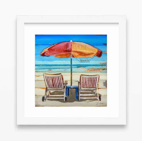 Vista 3 de Stylin By The Sea, Beach Umbrella and Chairs, Danny Phillips Art Print, Unframed, Recycled Beach Coastal Ocean Wall and Home Decor Poster, Mixed