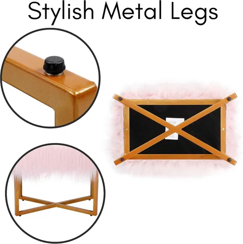 Vista 5 de BIRDROCK HOME Taburete rectangular de piel sintética rosa con patas doradas, silla de tocador, asiento acolchado suave y compacto, silla