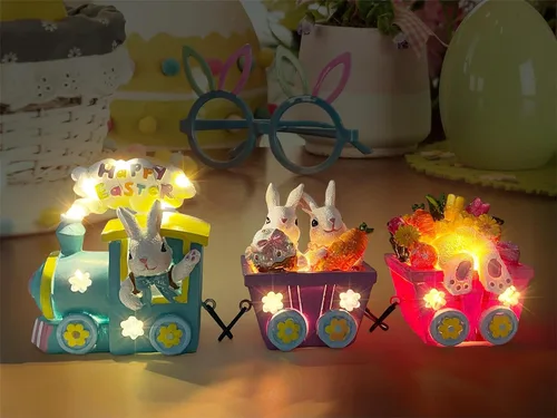 Vista 4 de Hexagram Decoraciones de Pascua para el hogar, tren, decoración de mesa de Pascua, centros de mesa iluminados con conejo para el hogar, decoración