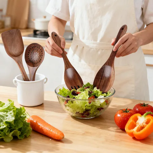 Vista 2 de Cucharas de madera para cocinar, juego de 7 utensilios de cocina de madera, juego de utensilios de madera de teca natural suave, utensilios