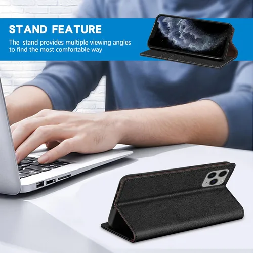 Vista 4 de ZZXX Funda tipo cartera para iPhone 11 Pro Max con bloqueo RFID, soporte de ranura para tarjetas, funda protectora de cuero magnético fuerte