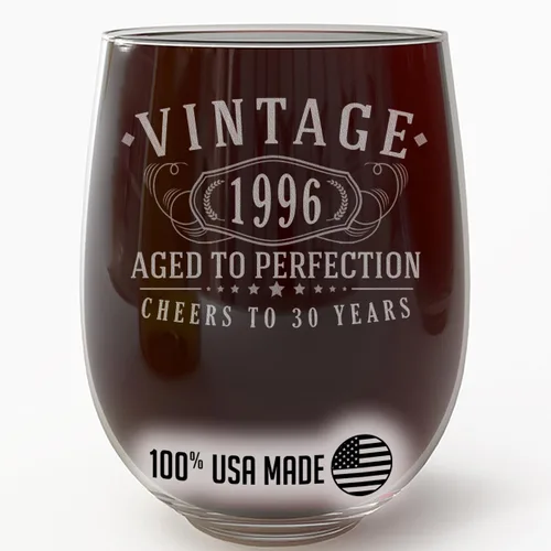 Copa de vino grabada vintage de 1996 de 17 onzas sin tallo, regalos de feliz cumpleaños 30 para hombres y mujeres, decoración de decoración para