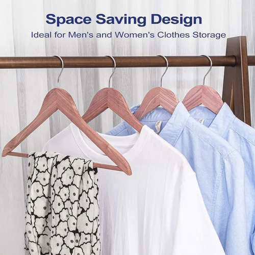 Vista 4 de FairyHaus Perchas de madera de cedro natural, paquete de 18 perchas de madera de acabado liso – Perchas de cedro delgadas y planas con gancho