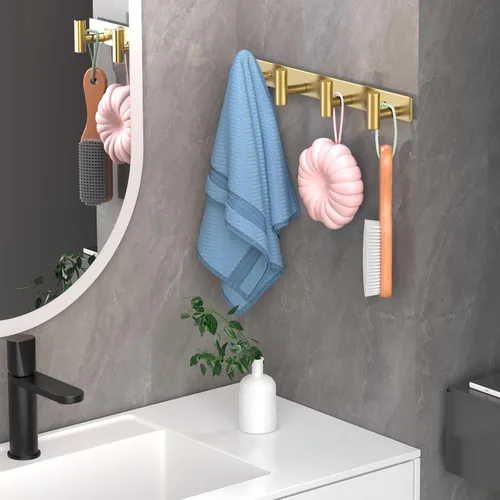 Vista 5 de Perchero de Pared Montado en la Pared con 4 Ganchos, Ganchos de Pared de Acero Inoxidable Resistente para Toallas, Bolso de Abrigo, Perchero