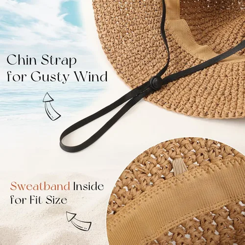 Vista 4 de Trifabricy Sombreros de paja de playa para mujer, sombrero de ala ancha con Shell - Caqui