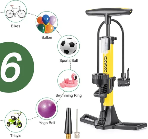 Vista 5 de Bomba de bicicleta con manómetro - Bomba de piso de bicicleta de 160 PSI se adapta a válvulas Presta y Schrader - Bomba de bicicleta con inflador