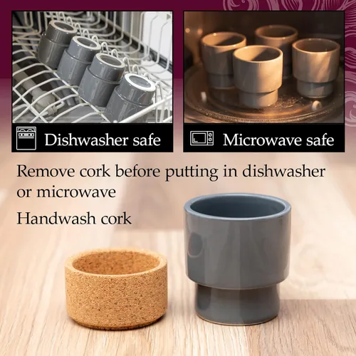 Vista 8 de Juego de 2 tazas dobles grises para café expreso, base aislante de corcho extraíble, taza de café de cerámica moderna de 4 onzas con funda de corcho