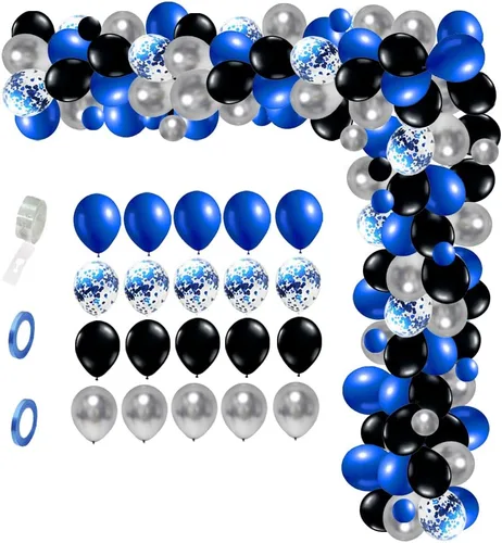 Roya - Kit de arco de guirnalda de globos azules y negros, 124 globos de látex azul mate negro metálico plateado para videojuegos, fiestas, hombres,