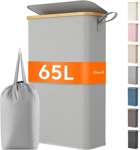 Vista 15 de Lifewit Cesta de lavandería delgada de 50 litros con tapa, cesta estrecha para la ropa sucia con bolsa extraíble y asas de bambú, canasta plegable